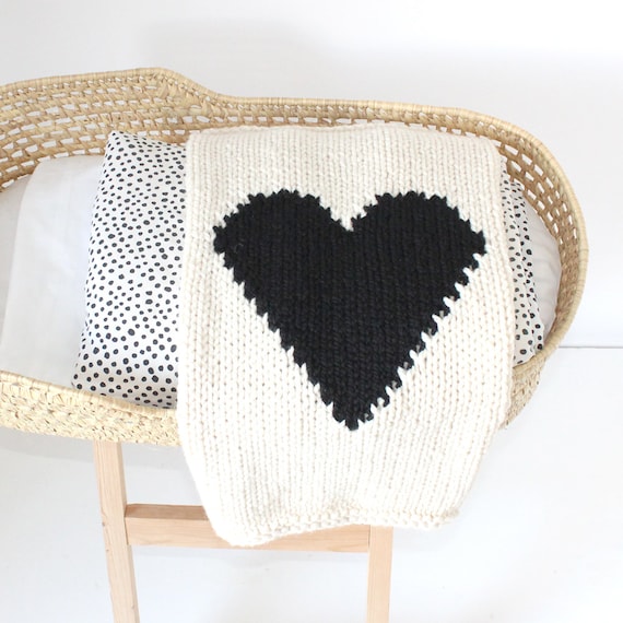 Heart Baby Blanket Cream and Black Hand Knit for by ...