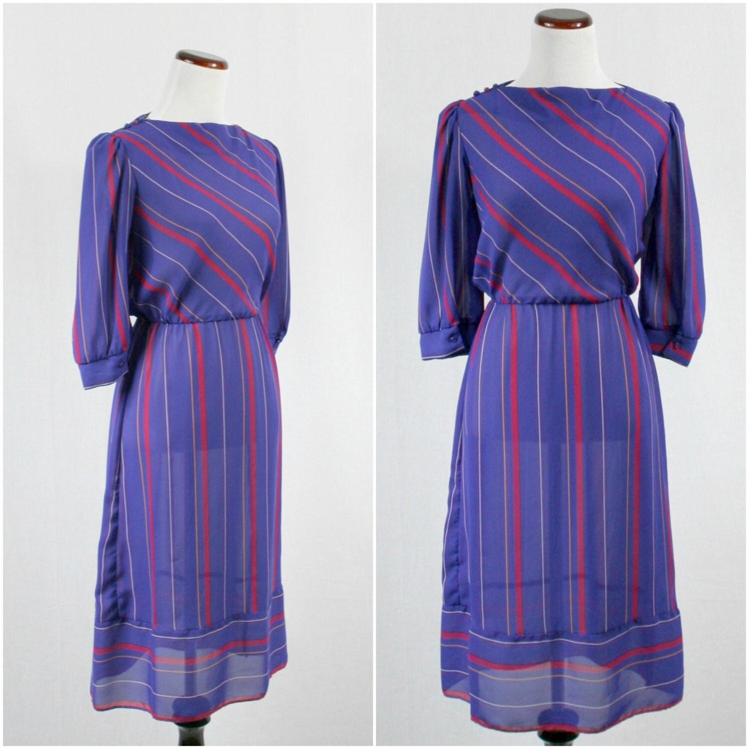 1980's Vintage Purple Stripes Sheer Dress / Extra Small