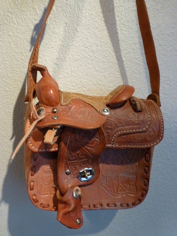 Items similar to Vintage Leather Western Horse Saddle Purse Shoulder Bag Hand Tooled Tooling ...