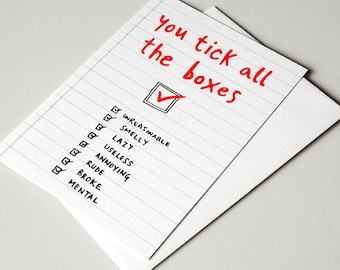 Funny Valentine - Funny Romantic - Anti Valentine - Valentines For Him - Valentine Card - Love Card - Funny Card - You Tick All The Boxes