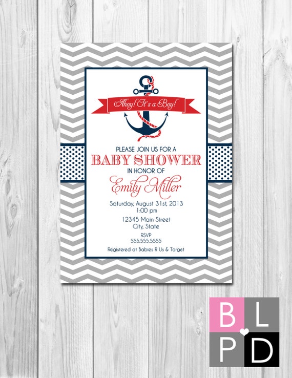 Nautical Baby Shower Invitation - Ahoy Its A Boy - Navy and Red - Chevron Stripes - DIY - Printable Il_570xn