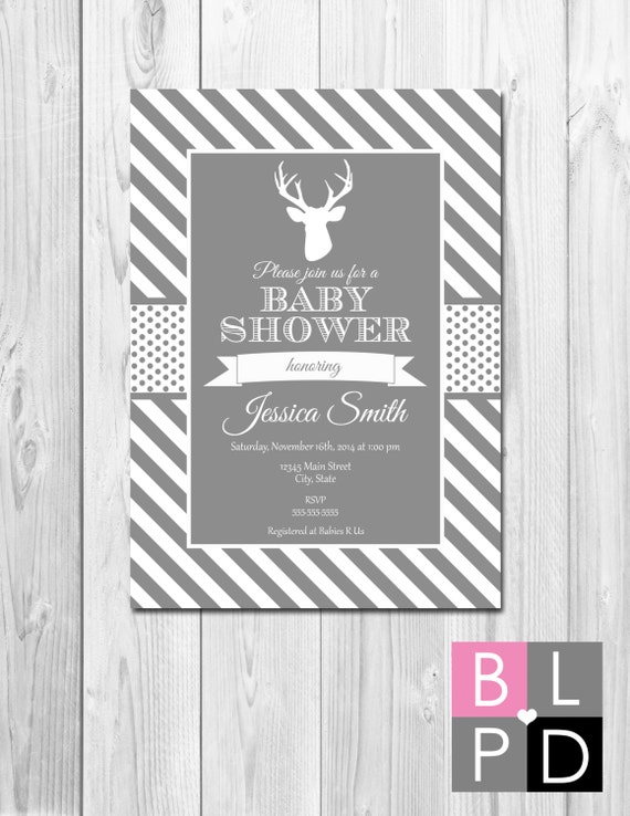 Deer Baby Shower Invitation - Grey and White Stripes - DIY - Printable Il_570xn