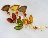 Vintage Delizza and Elster D&E Juliana Red Green and Gold Thistle Rhinestone Brooch Pin