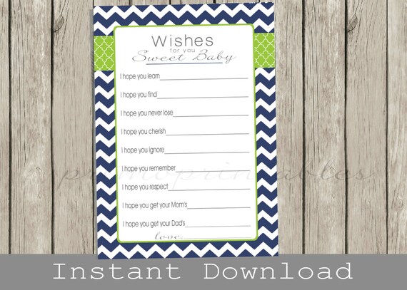 Baby Shower Wishes for Baby boy cards, navy blue chevron and lime green, INSTANT DOWNLOAD printable file , print your own , babyshower Il_570xn