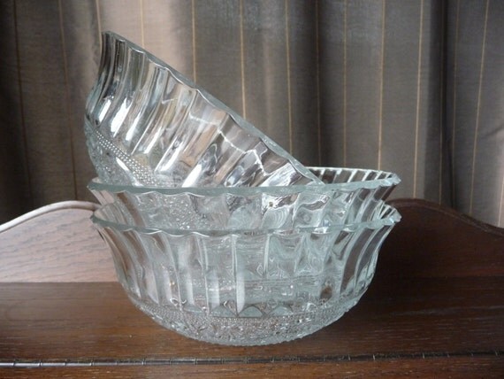 3 Glass Serving Bowls KIG Indonesia Clear Pressed Glass