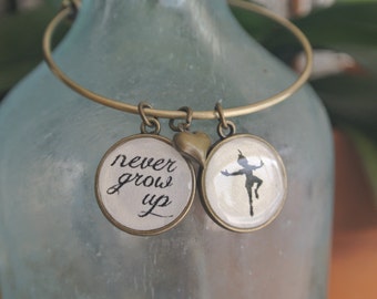 Peter Pan, Never Grow Up Bracelet, Peter Pan charm, Never Grow Up Charm. Available in antique gold or silver