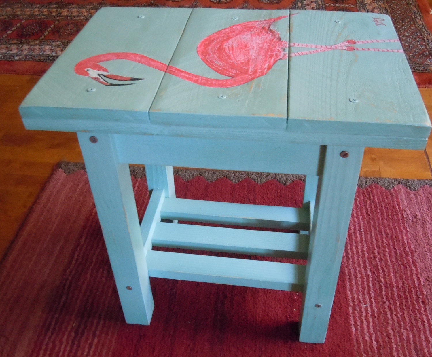 Pink Flamingo Solid Wood Patio Table Side Table or Small