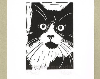 Black Cat Sleeping Linocut print. Original hand pulled
