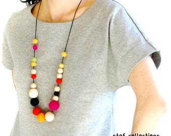 Colourful Necklace. Felt Ball Necklace. Wooden Bead Necklace. Large bead Necklace. Statement Necklace. Quirky. Bold. Adjustable Necklace.