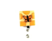 Unique Cream and Orange Vintage Retro Style Earring Made Into a Retractable ID Reel with Butterfly - Ideal For A Gift