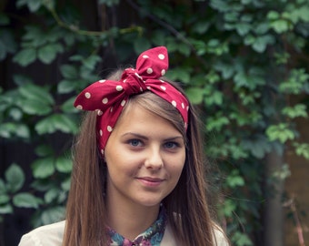 Red Polka Dot Tie Up Headscarf. Vintage Inspired Pinup Headband. Polka Dot Wire Headband. Rosie The Riveter Halloween Costume