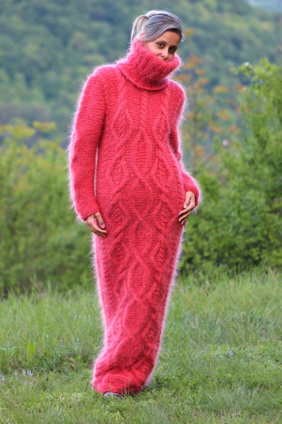 Items similar to Hand Knitted Mohair Dress Coral Fuzzy Fetish Jersey ...