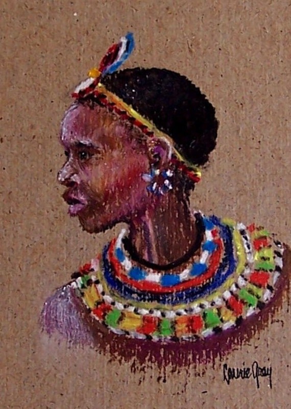 Items similar to Oil Pastel, Original Painting, African Girl, Tribal, Bead Collar, Princess