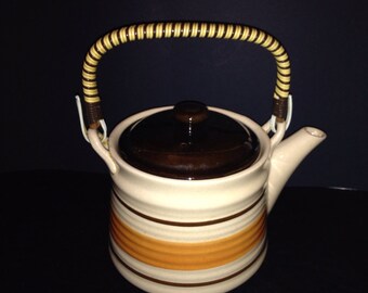 Vintage Mod Stoneware Teapot Rattan Handle