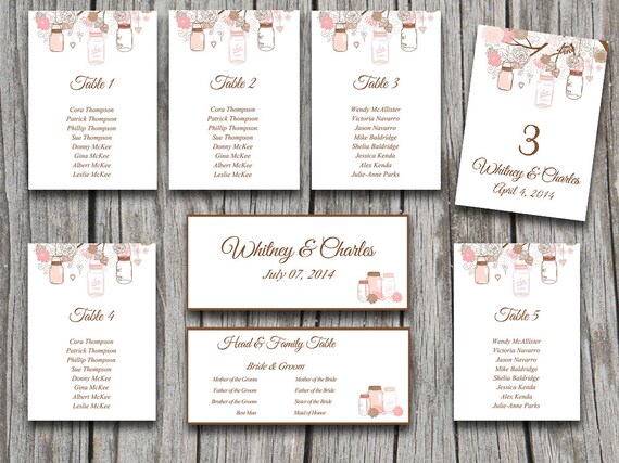 Wedding Seating Chart Template Rustic Mason Jar Blush Chocolate Brown Microsoft Word Template Wedding Seating Chart Template Microsoft Word