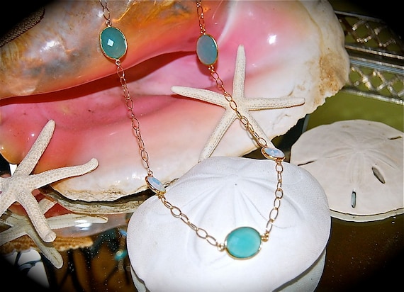 Long Gold Chain Necklace with Round Opal and Turquoise Colored Stones