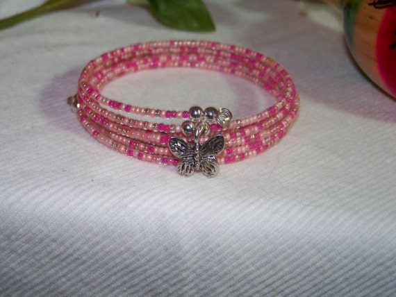 Bracelet (Memory Wire) - Pink Seed Bead Mix with Butterfly Charm