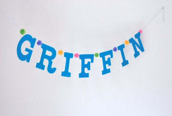 Custom Teal Blue w/ Rainbow Pom Poms / Felt Garland Baby Name Banner / Other Colors Available / Handmade Personalized Party Banners Il_570xn