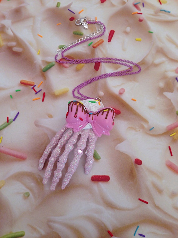 Pastel Goth Pink Glitter Skeleton Hand Rainbow Sprinkle Sundae Necklace