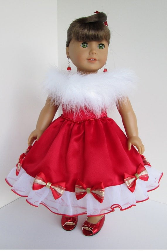 American girl doll clothes Christmas "Santa Princess " Tea Length Dress in Casa satin, Organdy and Fur, with Crinoline petticoat
