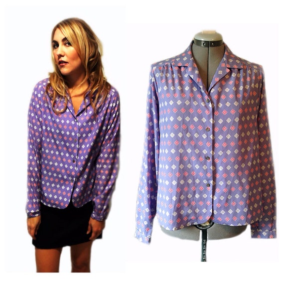 Vintage 1980s Purple Silk Blouse with Pink and White Diamond