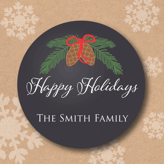 Christmas Sticker Chalkboard Gift Labels Pinecone and Pine Design Round Holiday Present Stickers Rustic Christmas Gift Tag Happy Holidays Il_570xn