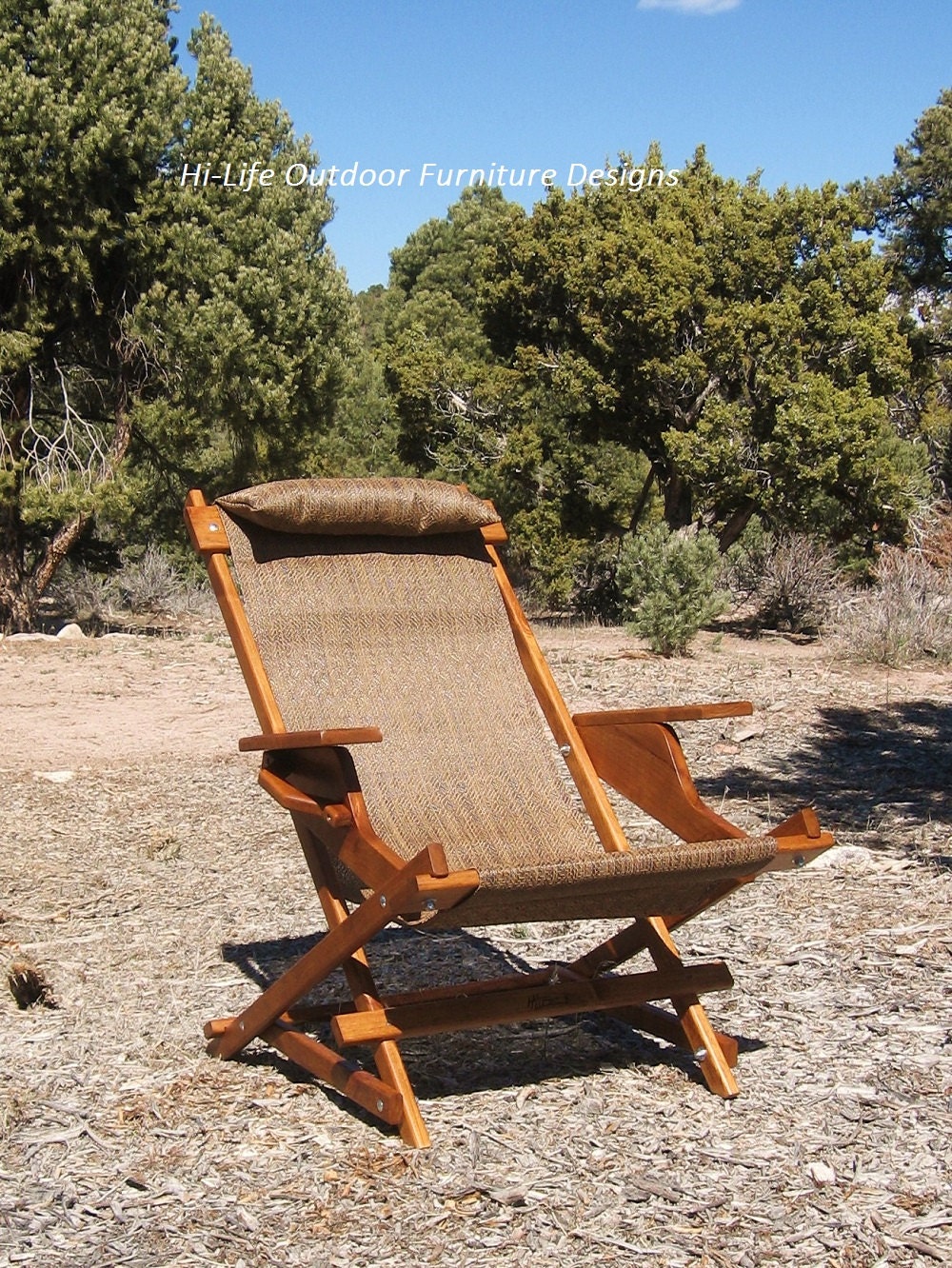 Set of 2 Alder Wood Sling Chairs in Brown Outdoor Fabric