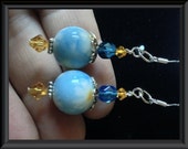 BLUE GLASS Daisy Beaded EARRINGS: Baby Blue Glass Beads, Deep Aqua & Gold CRYSTALGemstones, Silver Plated Accents, Sterling Silver Earwires