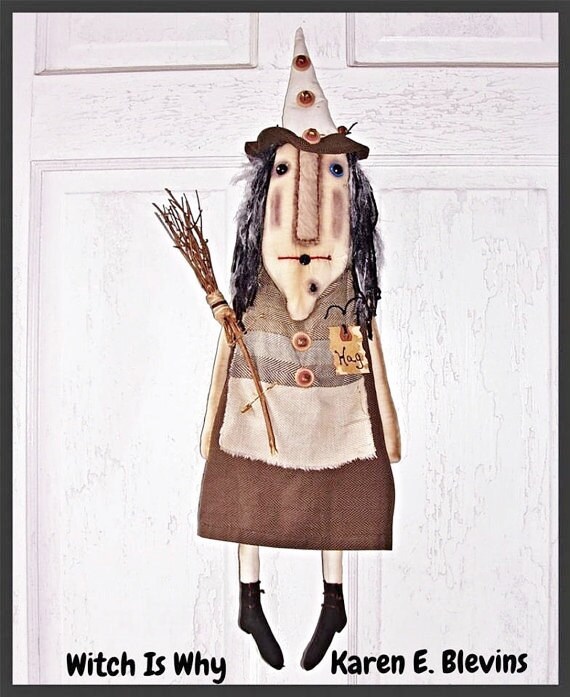 k-one stick Fiona Hag Whimsy Doll Primitive Halloween Art with Witch Broom Folk