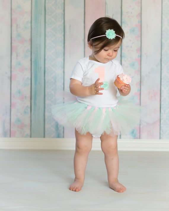 Mint and Light Pink First Birthday Outfit - Tutu, Shabby Chic Headband & Bodysuit - Baby Girl 1st Birthday Outfit - SALE