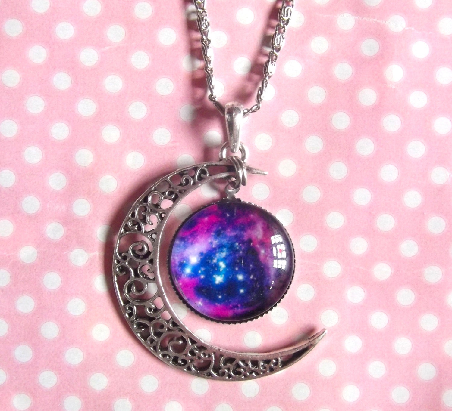 Silver Moon and purple galaxy necklace