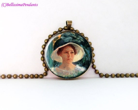 Young Woman in Green, Outdoors in the Sun, Mary Cassatt, 1 in. 25.4 mm necklace, pendant, glass jewelry, art, impressionism, no 81