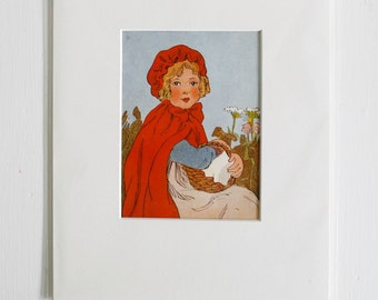 Vintage Little Red Riding Hood Book Art Print, Archival Mat and ready for an 8x10 Frame
