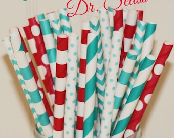 Paper Straws, 25 Dr. Seuss Party Paper Straws, Red and Aqua Paper Straws, Dr. Seuss Birthday, Striped Paper Straws, Carnival Party, Retro