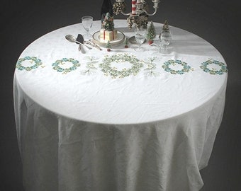 Large Holidays, Christmas white damask embroidered tablecloth, upcycled with green pine wreaths, gold dots. Unique OOAK