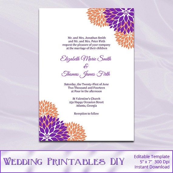 Purple And Orange Wedding Invitation Template Diy Printable Purple And Orange Wedding Invitation Template Diy Printable Garden Fl Party Invite Card Editable