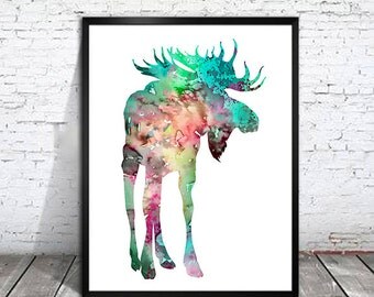 Colorful Moose 2 , Watercolor Print, watercolor painting, watercolor art, Illustration,home decor wall art, watercolor animal, Moose poster