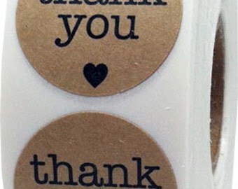 500 Round Natural Kraft Thank You Stickers with Black Print | 1" Inch Circle Stickers | Adhesive Labels on Natural Kraft Paper