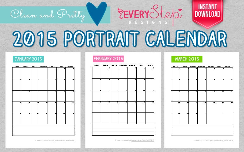 Items similar to 2015 Simple Portrait Calendar Printable - Planner ...