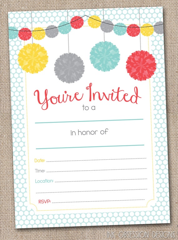 Fill In Printable Party Invitations Instant by InkObsessionDesigns