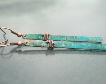 Verdigris Earrings - Industrial Bar Earrings - Verdigris Patina Earrings - Copper Earrings - Long Bar Earrings - Boho Earrings