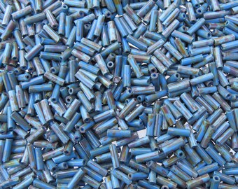 Size 3 (7x2mm) Opaque Denim Blue Picasso Czech Glass Bugle Beads 10 Grams (CS43) SE