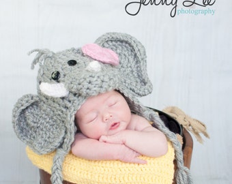 Girl Elephant Hat Photo Prop - Baby Elephant Hat with Bow Clip - Infant Halloween Costume - by JoJo's Bootique