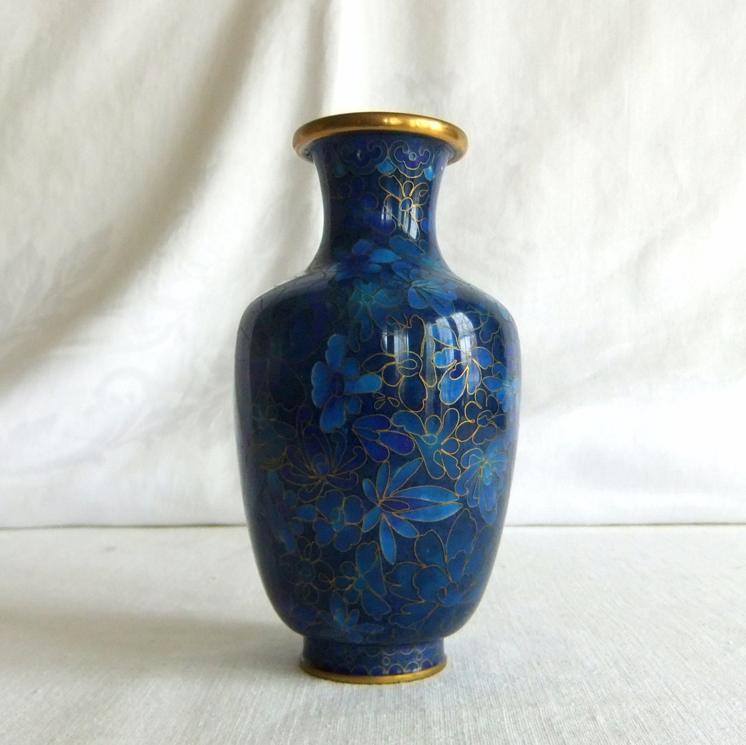 Vintage Floral Cloisonne Vase Navy Cobalt Azure