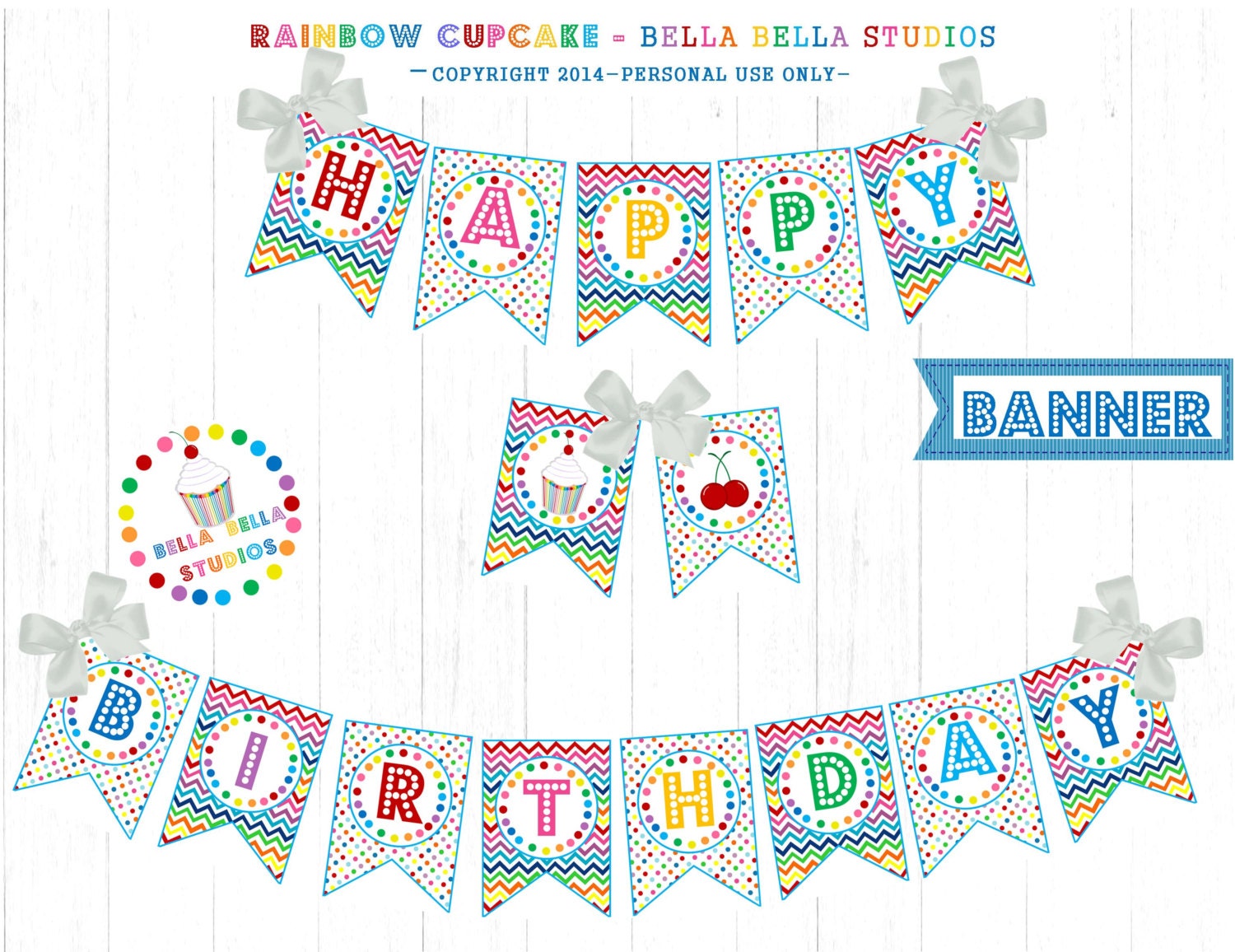 RAINBOW CUPCAKE Happy Birthday BANNER Printable Instant