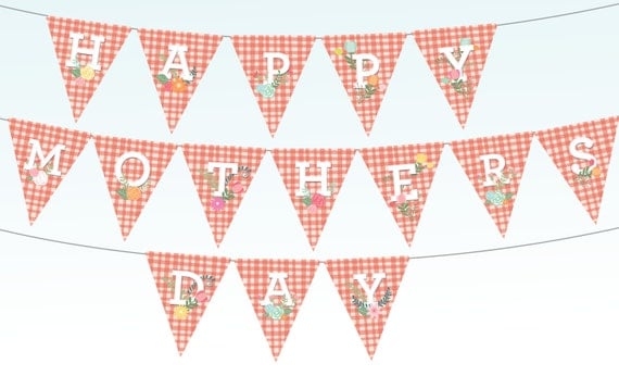 Items Similar To Happy Mothers Day Bunting Banner Printable Red Gingham Spring Flowers Party