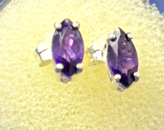 Amethyst Stud Earrings, 8x4mm Marquise, Natural, Set in Sterling Silver E631