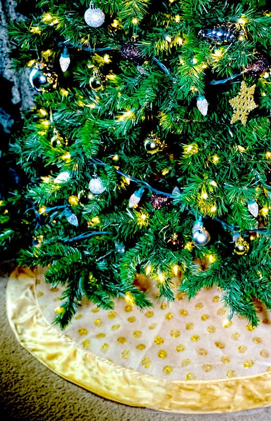 Burlap and Gold Satin Christmas Tree Skirt, Hand Stamped Gold polka dots