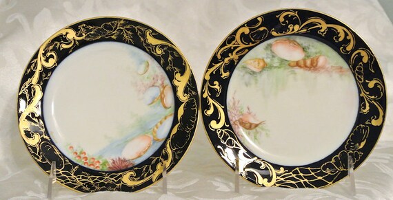 Limoges Artist Signed Hand Painted Porcelain Plates Haviland France 1900s Antique Art Nouveau Pair Cobalt Trim Stenciled Gold Gilding French