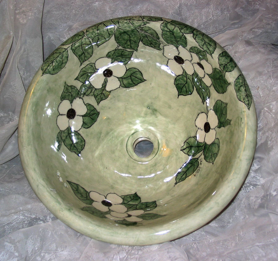 Hand Painted Ceramic Sink with Dogwood Design 16 Round